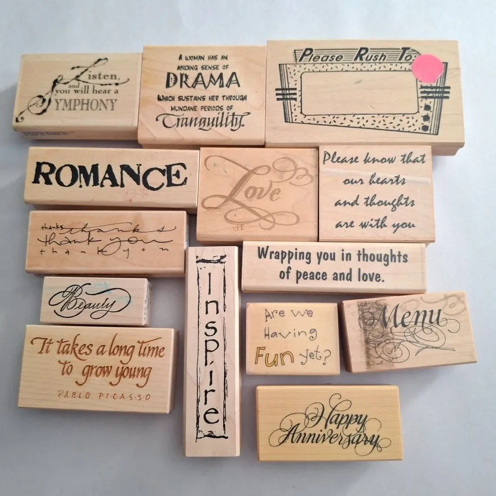 Lot of 14 Vintage Wood Mounted Rubber Stamps Mixed Quotes Romance Inspire Fun